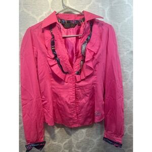 COOGI Couture Pink Ruffle Button Down Blouse‎ Graphic Back - Women's